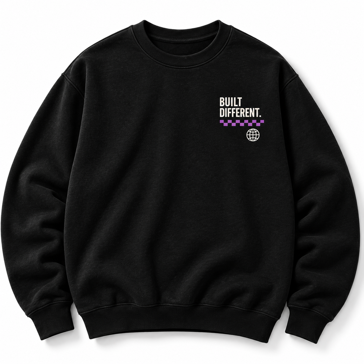 Built Different crewneck front graphic studio view