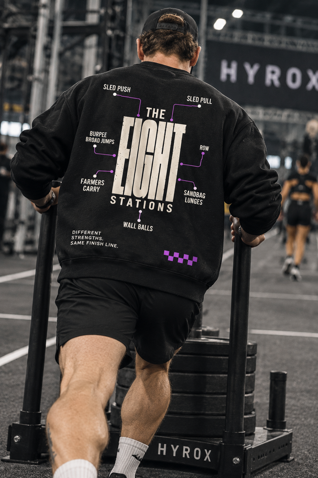 Built Different Eight Stations crewneck worn during functional fitness training