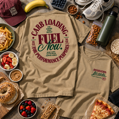 Carb Loading Fuel Now tee worn by a runner fueling before a long run or race