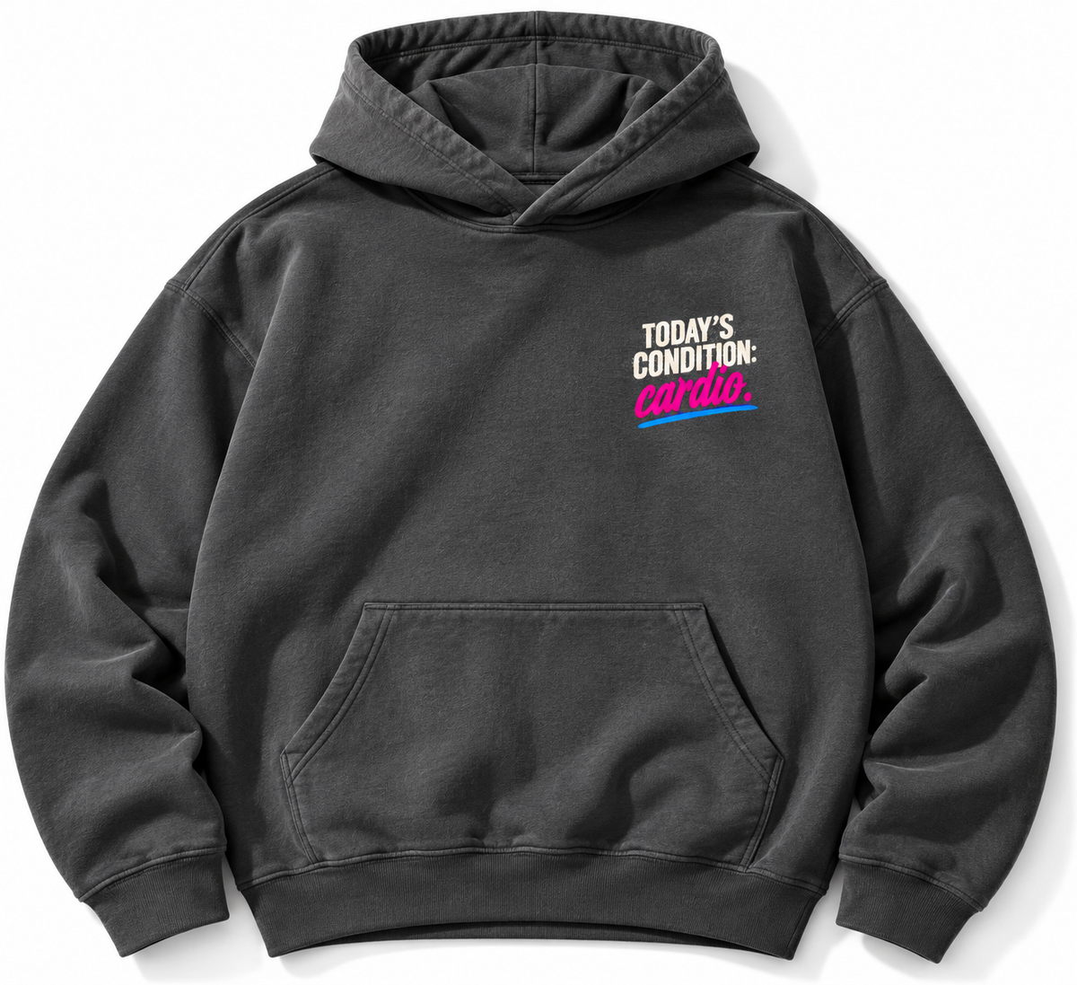 Cardio Day Thoughts and Prayers hoodie front graphic studio view