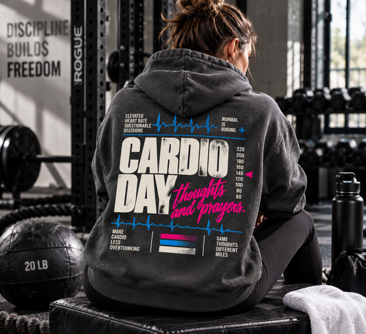 Cardio Day Thoughts and Prayers hoodie worn by an athlete during a cardio workout