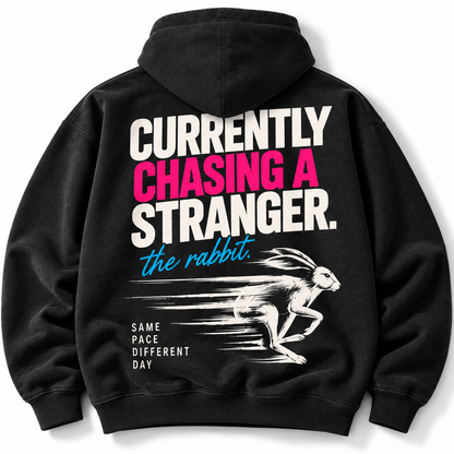 Currently Chasing a Stranger hoodie oversized The Rabbit back graphic studio view