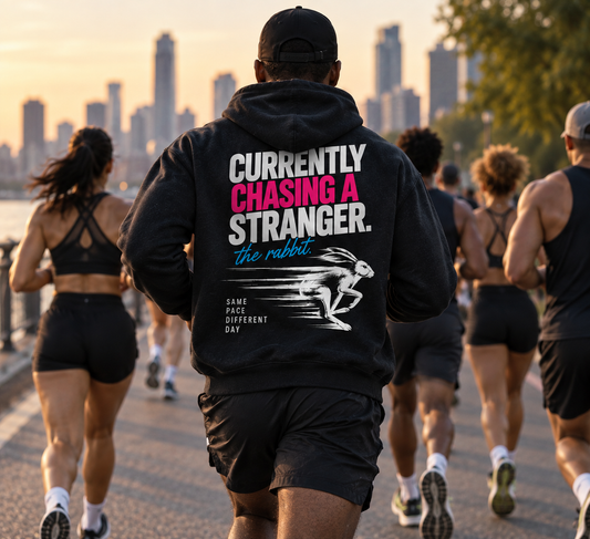 Currently Chasing a Stranger hoodie worn by a runner during a training run