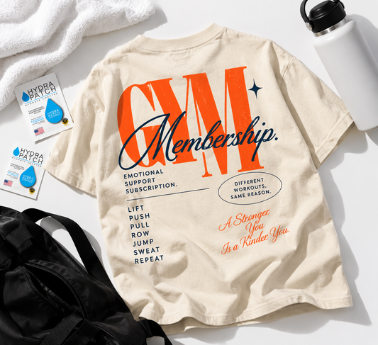 Gym Membership Emotional Support tee worn by an athlete during a gym workout