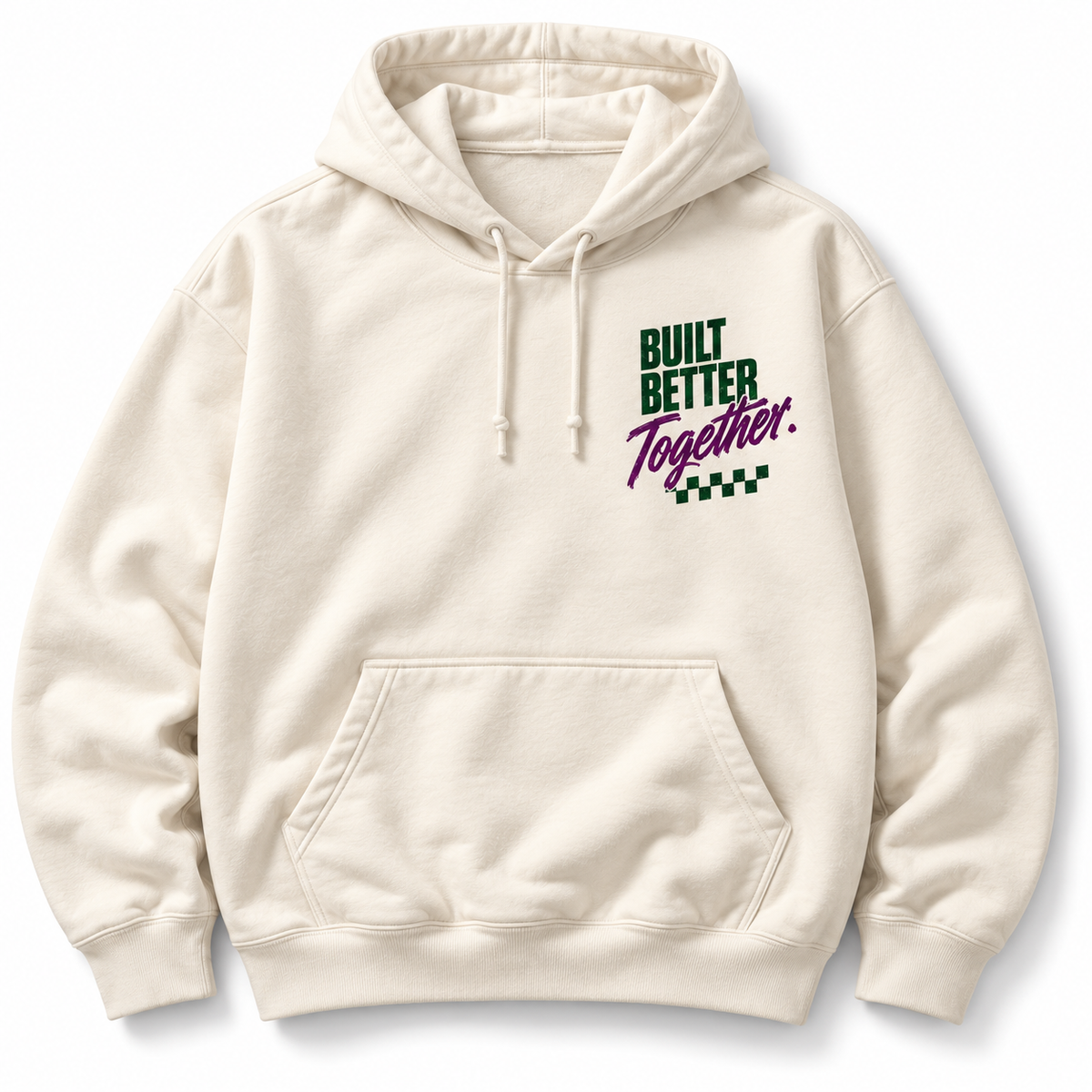 Double on the Rox hoodie front Built Better Together graphic studio view