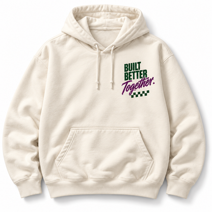 Double on the Rox hoodie front Built Better Together graphic studio view