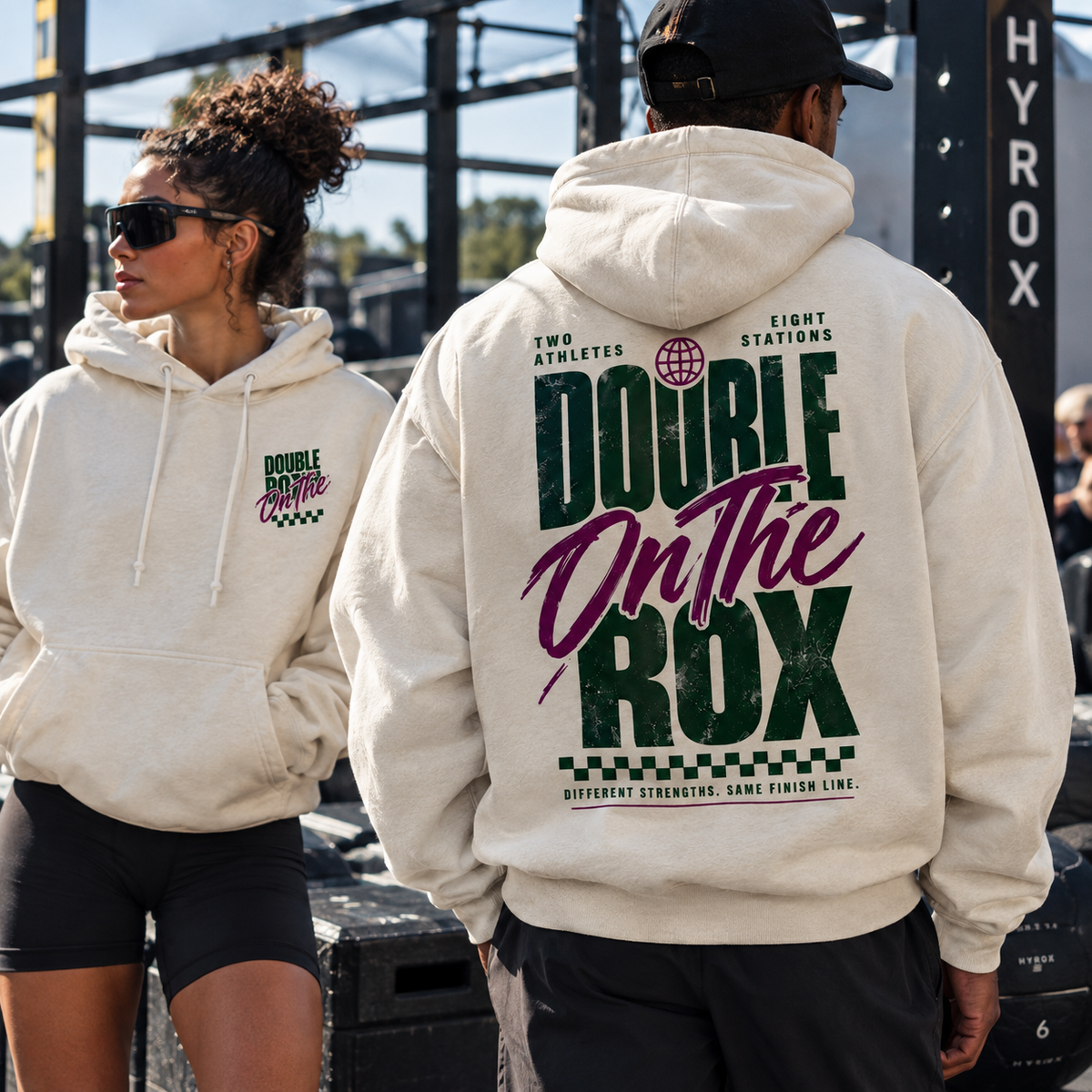 Double on the Rox hoodie worn by doubles partners at a functional fitness event