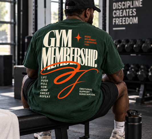 Gym Membership Emotional Support tee worn by an athlete during a strength training workout