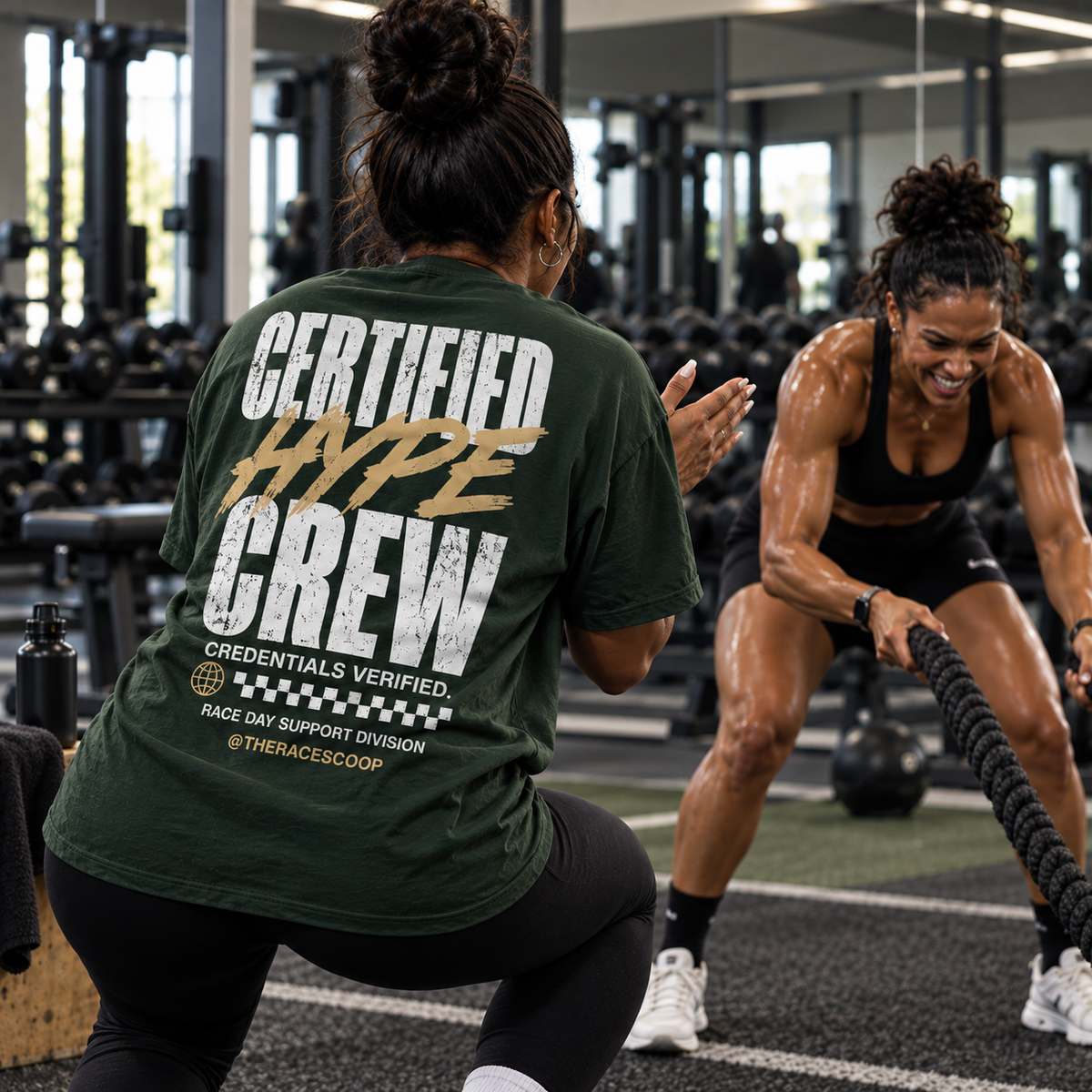 Certified Hype Crew Support Tee worn by a supporter cheering an athlete on race day
