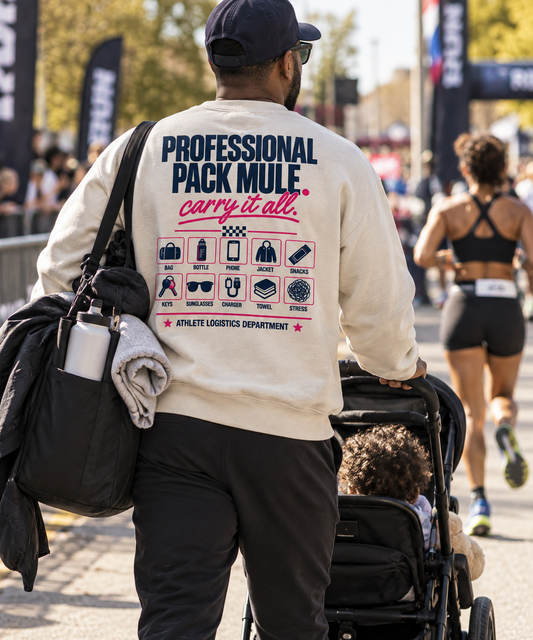 Professional Pack Mule Crewneck worn by race-day support crew carrying athlete gear