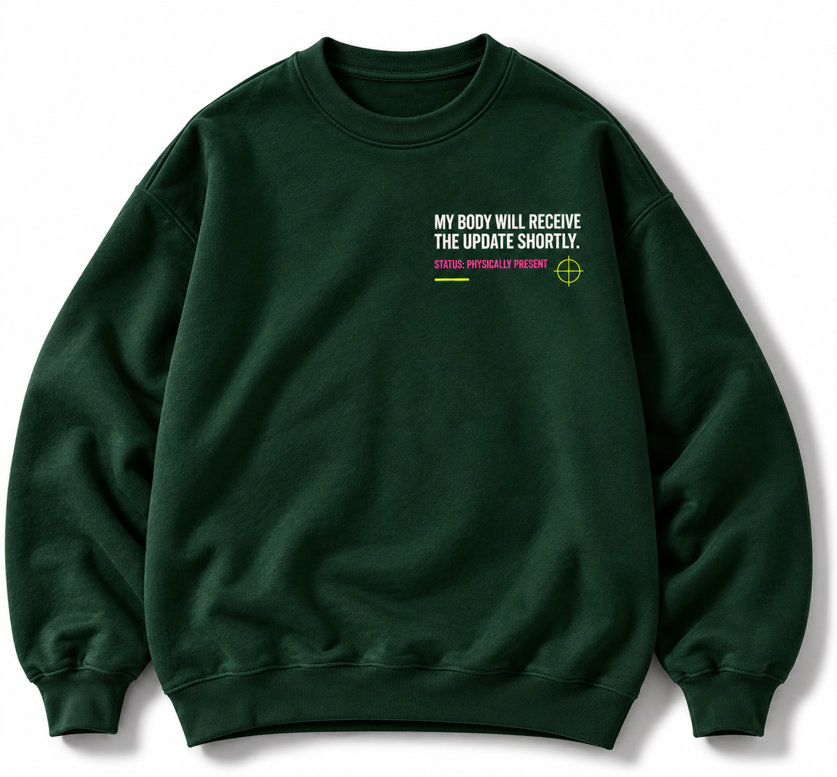 Physically Here crewneck front Mentally at the Finish Line graphic