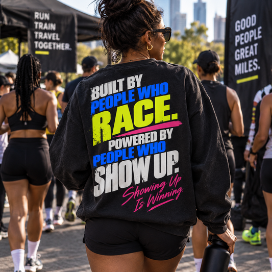 Race Scoop Built By People Who Race black crewneck worn by an athlete at a race day gathering, featuring bold community inspired back artwork and the Showing Up Is Winning message.