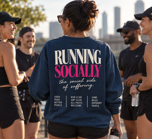 Race Scoop Running Socially blue crewneck worn at a social run club meetup, featuring community inspired back artwork celebrating runners, connection and all paces.