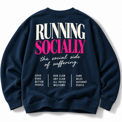 Running Socially crewneck oversized back graphic studio view